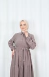 Boydan Düğmeli Kuşaklı Katlı Elbise Kahverengi HNT8593