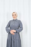 Boydan Düğmeli Kuşaklı Katlı Elbise Koyu  Gri  HNT8593