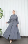 Boydan Düğmeli Kuşaklı Katlı Elbise Koyu  Gri  HNT8593