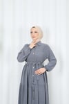 Boydan Düğmeli Kuşaklı Katlı Elbise Koyu  Gri  HNT8593