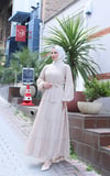 Kuşaklı Kat Kat Şifon  Elbise  Krem   HNT8595 