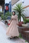 Kuşaklı Kat Kat Şifon  Elbise  Vizon   HNT8595 