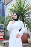 Kuşaklı Kat Kat Şifon  Elbise  Beyaz    HNT8595 
