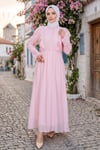  Fırfır Dantelli  Modal Astarlı Tül Elbise Pembe  HNT8618