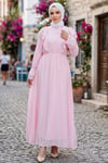  Fırfır Dantelli  Modal Astarlı Tül Elbise Pembe  HNT8618