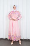 Çiçek Desenli Astarlı Kuşaklı Elbise Pembe HNT8627