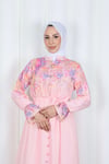 Çiçek Desenli Astarlı Kuşaklı Elbise Pembe HNT8627