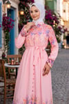 Çiçek Desenli Astarlı Kuşaklı Elbise Pembe HNT8627