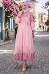 Çiçek Desenli Astarlı Kuşaklı Elbise Pembe HNT8627