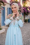 Çiçek Desenli Astarlı Kuşaklı Elbise Mavi HNT8627