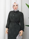 Eteği Büzgülü Yarım  Düğmeli Kuşaklı  Elbise Haki  HNT8602