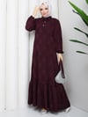 Eteği Büzgülü Yarım  Düğmeli Kuşaklı  Elbise Bordo   HNT8602