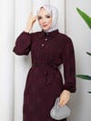 Eteği Büzgülü Yarım  Düğmeli Kuşaklı  Elbise Bordo   HNT8602