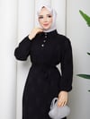Eteği Büzgülü Yarım  Düğmeli Kuşaklı  Elbise  Siyah  HNT8602