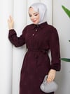 Eteği Büzgülü Yarım  Düğmeli Kuşaklı  Elbise Bordo   HNT8602
