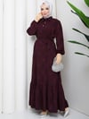 Eteği Büzgülü Yarım  Düğmeli Kuşaklı  Elbise Bordo   HNT8602