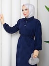 Eteği Büzgülü Yarım  Düğmeli Kuşaklı  Elbise  Lacivert   HNT8602