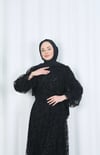 Flok Baskılı Astarlı Kuşaklı Tül Elbise Siyah HNT8565