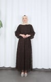 Flok Baskılı Astarlı Tül Elbise Kahverengi HNT8565