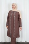 Kolları Taşlı Büyük Beden Anne Takımı Vizon HNT2101 