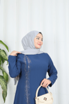 Taş İşlemeli  Büyük Beden  Tesettür Takım İndigo    HNT7537