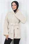 Kuşaklı Yarım Balıkçı Yaka Triko Hırka Vizon HNT2808