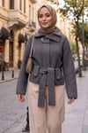 Kuşaklı Yarım Balıkçı Yaka Triko Hırka Gri  HNT2808
