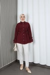 Kelebek Taş Düğme Detaylı  Bağcıklı Tunik Bordo  HNT2126
