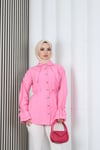 Kelebek Taş Düğme Detaylı  Bağcıklı Tunik Pembe   HNT2126