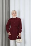 Hakim Yaka Pile Detaylı Düğmeli Tunik Bordo  HNT2127