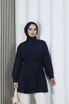 Hakim Yaka Pile Detaylı Düğmeli Tunik Lacivert HNT2127