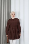 Hakim Yaka Pile Detaylı Düğmeli Tunik Kahverengi HNT2127