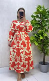 Kadın Desenli Yarasa Kol Elbise Turuncu