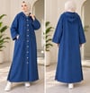 Kadın Tesettür Çıtçıt Detaylı Yanı Yırtmaçlı Kapüşonlu Kap Mavi