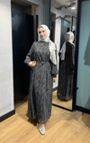 Desenli Şifon Elbise Siyah