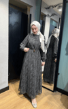 Desenli Şifon Elbise Siyah