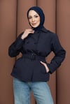  Kısa Kemerli Şık Trençkot Lacivert