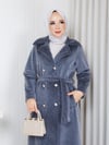 Angora Klasik Kemerli Şık Fox Kaban Gri