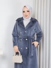 Angora Klasik Kemerli Şık Fox Kaban Gri