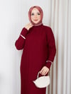 Beyaz Şerit Taş Detaylı Triko Elbise Bordo
