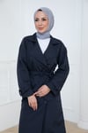 Güzel Sırt Detaylı Kemerli Trençkot Lacivert