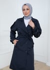 Güzel Sırt Detaylı Kemerli Trençkot Lacivert