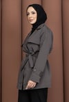Kısa Rüzgarlıklı Kemerli Trençkot Gri
