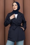 Kısa Rüzgarlıklı Kemerli Trençkot Lacivert