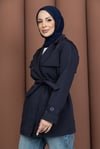 Kısa Rüzgarlıklı Kemerli Trençkot Lacivert