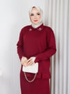 Triko Yakası Taşlı Etekli İkili Takım Bordo