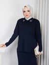 Triko Yakası Taşlı Etekli İkili Takım Lacivert