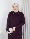 Triko Yakası Taşlı Etekli İkili Takım Mürdüm