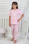 %100 Pamuk Gökkuşağı Desenli Kısa Kollu Manşetli Paça Kız Çocuk Pijama Takımı 3-8 Yaş