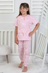 %100 Pamuk Gökkuşağı Desenli Kısa Kollu Manşetli Paça Kız Çocuk Pijama Takımı 3-8 Yaş